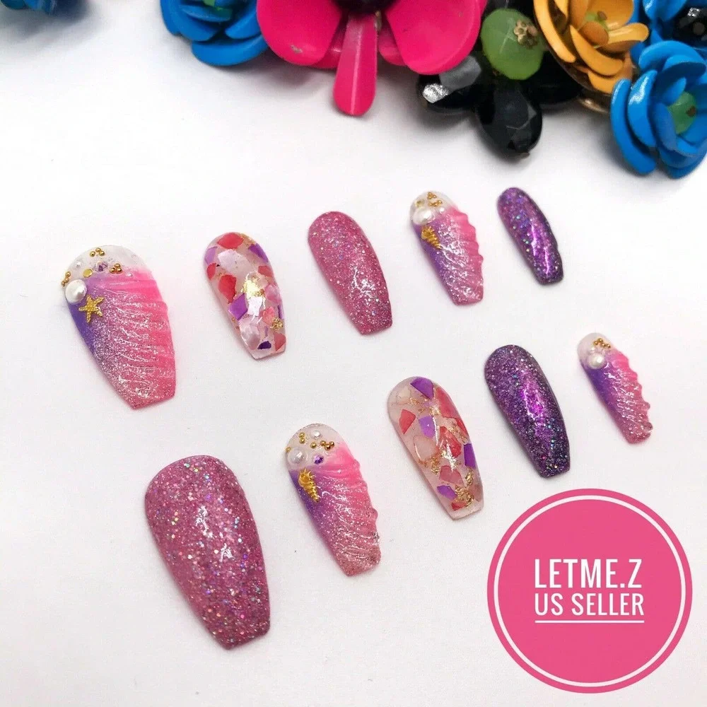 Press‎ on Nails Glue On Long Coffin 3D Mermaid Pink